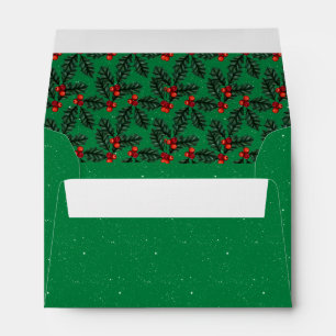 Christmas Dark Green Starry Night Sparkles Holly Envelope