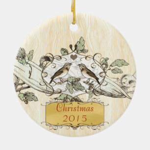 Christmas Date Family Photo Vintage Bird Ceramic Ornament