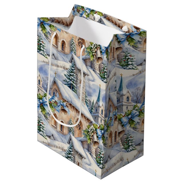 Christmas Day Country Church Medium Gift Bag (Front Angled)