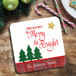 Christmas Days Be Merry Bright Tree Gold Star Name Coaster<br><div class="desc">“May your days be merry & bright.” A playful illustration of a red script typography quote and green trees, against gold glitter stars and rustic red country barn wood backgrounds, helps you usher in Christmas and New Year. Feel the warmth and joy of the holiday season whenever you relax with...</div>