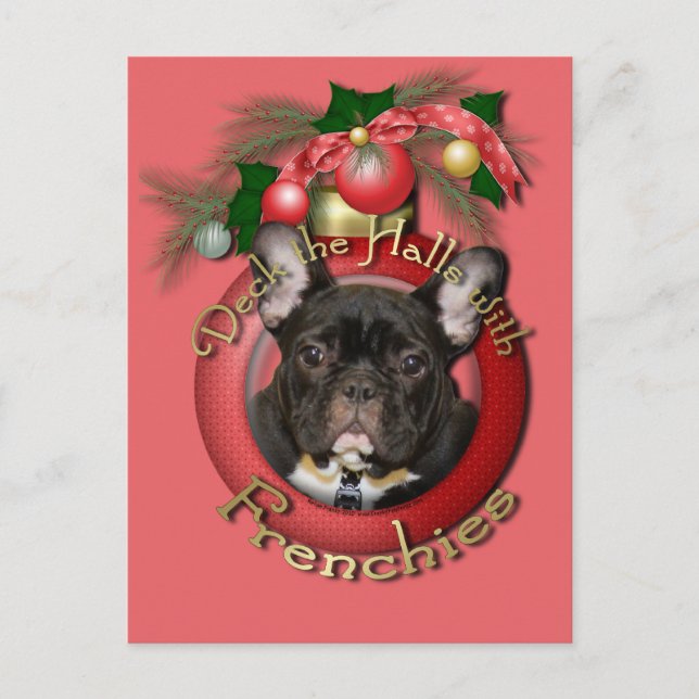 Christmas - Deck the Halls - Frenchies - Teal Holiday Postcard (Front)