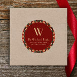 Christmas Deco Pattern Burgundy Gold Address Classic Round Sticker<br><div class="desc">This elegant return address sticker features a burgundy circle on a background pattern of burgundy red,  green and gold art deco fan shapes. Personalize the design with your monogram initial and family name in gold deco-style typography,  with your address below in sans serif font.</div>