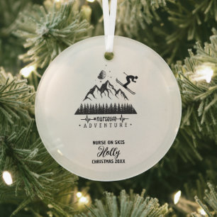 Christmas Decor Nurse On Skis Slope Adventure Gift Glass Ornament