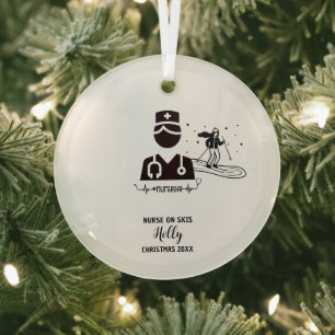 Christmas Decor Nurse Skiing Snow Adventure Gift Glass Ornament