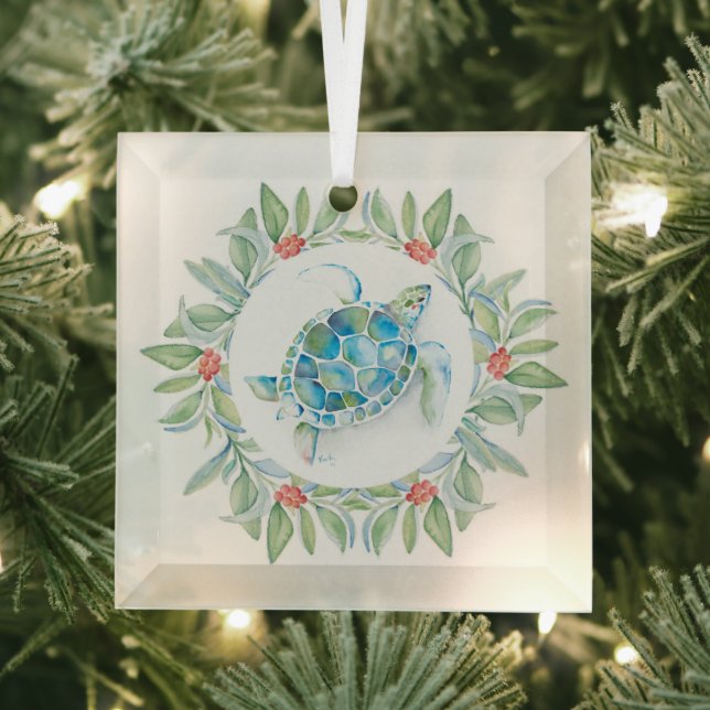 Christmas Decor Sea Turtle Glass Ornament (Insitu)