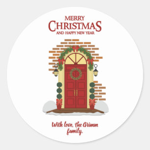 Christmas decorated door Red White  Classic Round Sticker