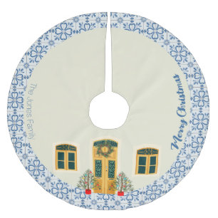 Christmas decorated house and Portuguese tiles Brushed Polyester Tree Skirt