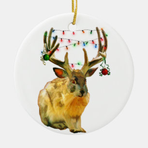 Christmas Decorated Jackalope Ceramic Ornament