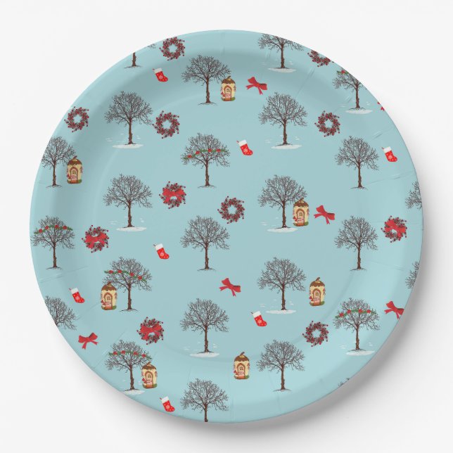 Christmas decorations and trees under snow paper plate (Front)