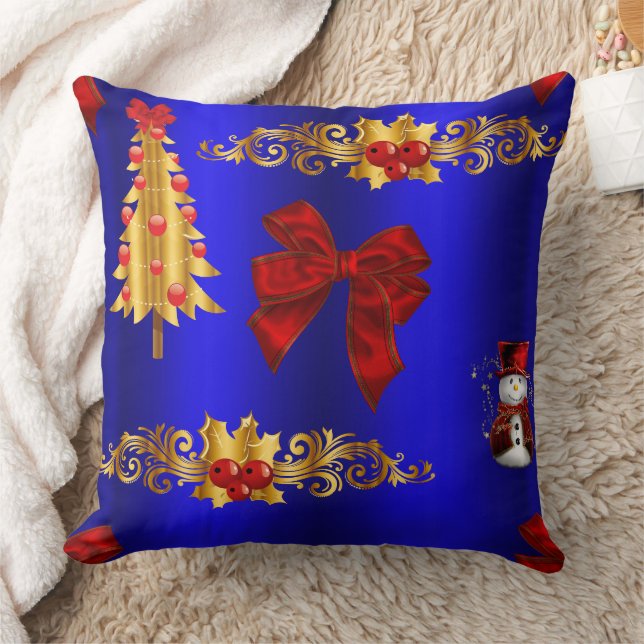 Christmas Decorations on Blue Throw Pillow (Blanket)
