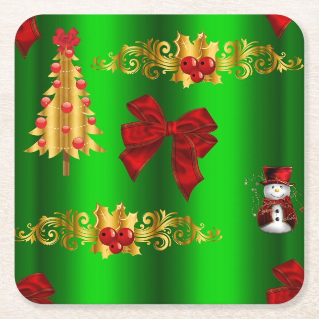Christmas Decorations On Green Square Paper Coaster (Front)