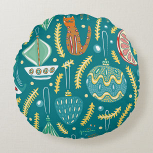 Christmas decorations seamless pattern. Bright col Round Pillow