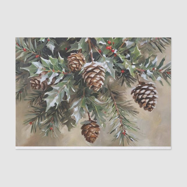 Christmas Decoupage Holly and Pinecones Tissue Paper (Front)