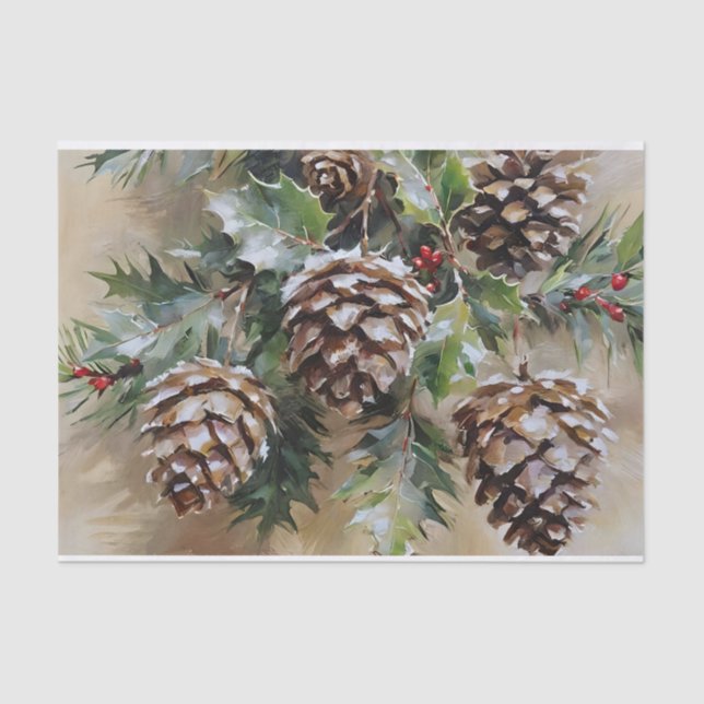 Christmas Decoupage Holly and Pinecones Tissue Paper (Front)