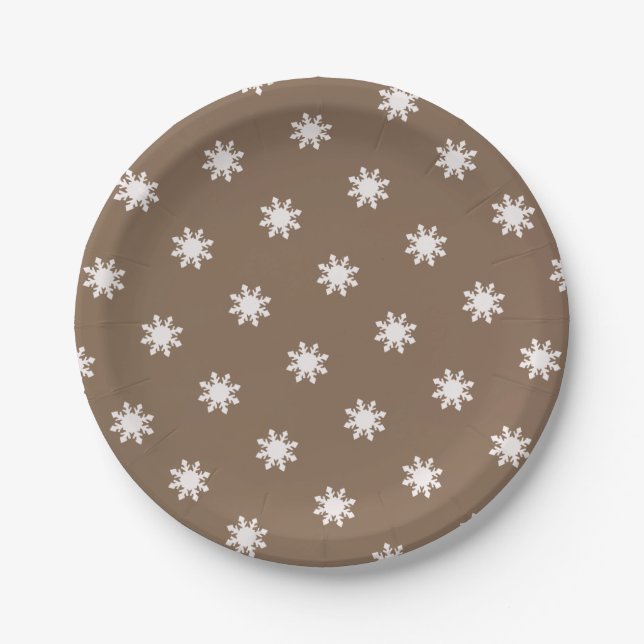 Christmas deep brown snowflake pattern  paper plate (Front)