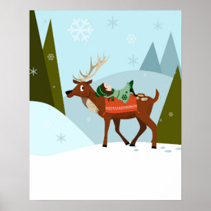 Christmas deer and elf on snowy mountains tops poster