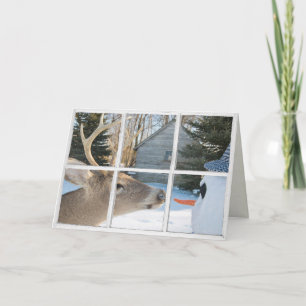 Christmas deer and snowman in window card
