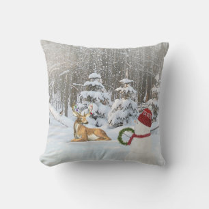 Christmas deer and snowman with snowflakes throw pillow