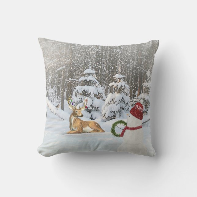 Christmas deer and snowman with snowflakes throw pillow (Front)