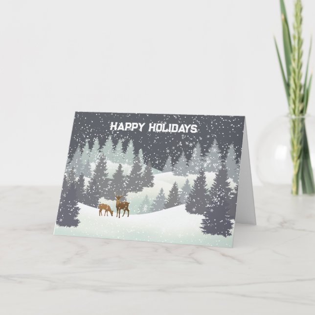 Christmas Deer and Winter Pines  Holiday Card (Front)