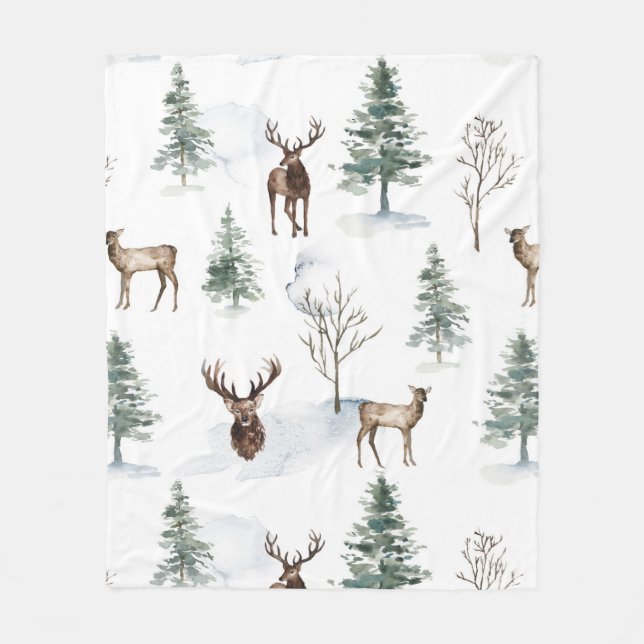 Christmas deer and winter trees pattern fleece blanket (Front)