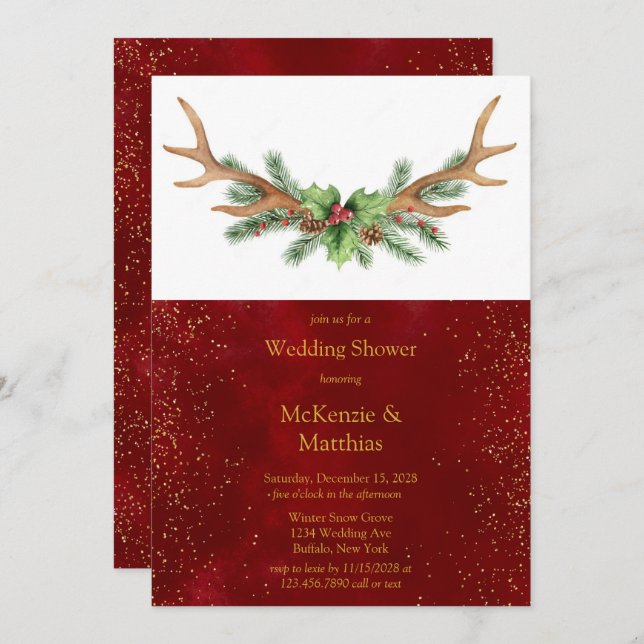 Christmas Deer Antler Burgundy Gold Wedding Shower Invitation (Front/Back)