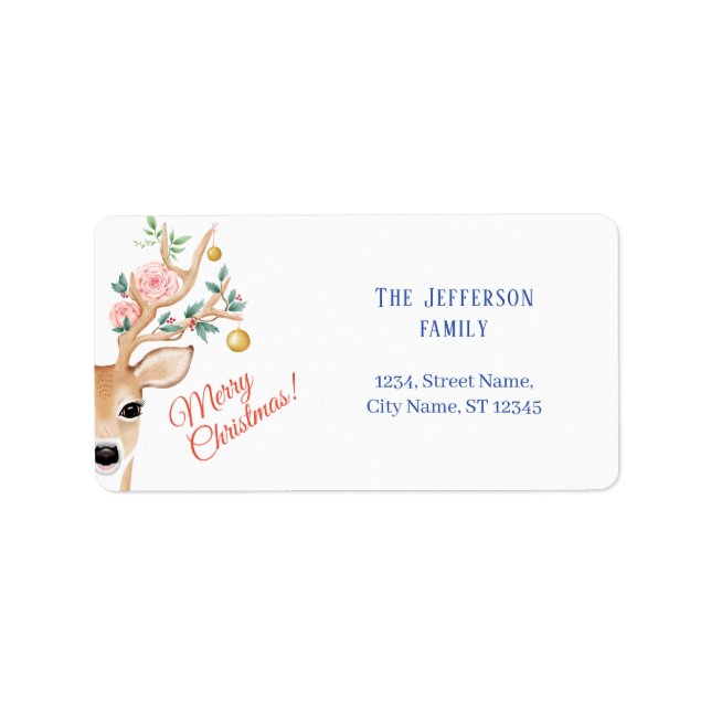 Christmas Deer Antlers Watercolor Holly Roses Label (Front)
