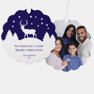 Christmas Deer Blue White Pine Trees Family Photo Ornament Card