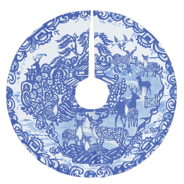 Christmas Deer Blue Willow Oriental Blue & White Brushed Polyester Tree Skirt (Front)