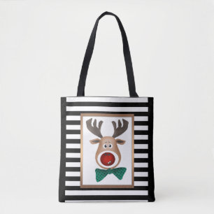 Christmas deer card striped black white celebrate tote bag
