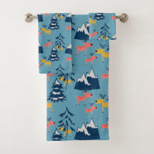Christmas deer , Christmas trees, mountains  Bath Towel Set