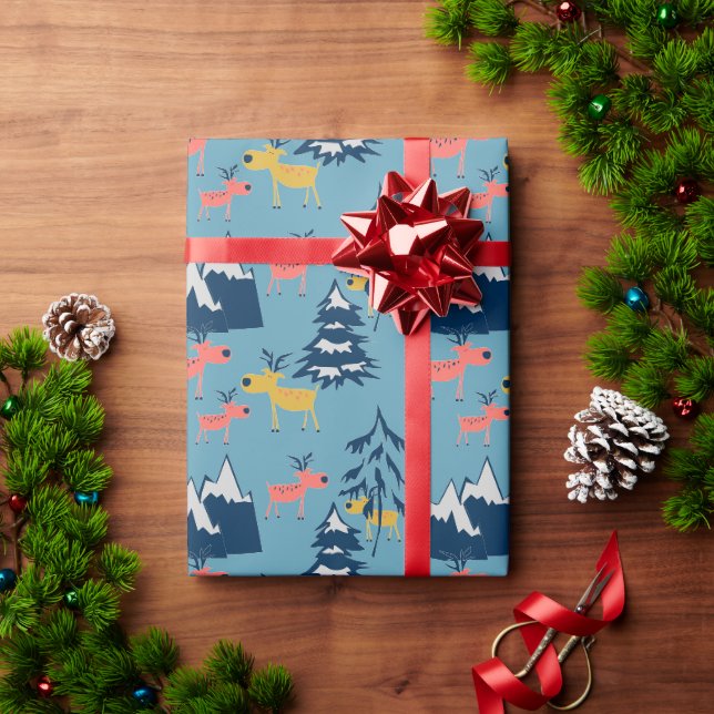 Christmas deer , Christmas trees, mountains Wrapping Paper (Holiday Gift)