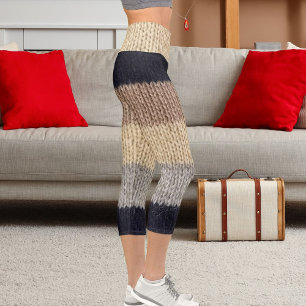 Christmas Deer Graphic Embroidery Wool Stripe Knit Capri Leggings