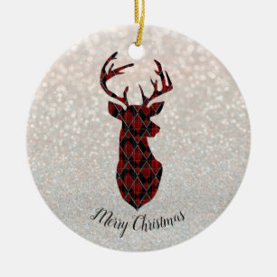 Christmas deer head, checkered, red and black ceramic ornament