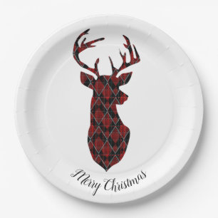 Christmas deer head, chequered, red and black paper plate