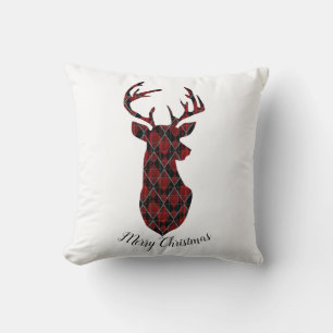 Christmas deer head, chequered, red and black throw pillow