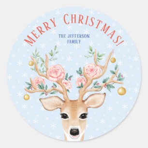 Christmas Deer Holly Floral Antler Watercolor Snow Classic Round Sticker