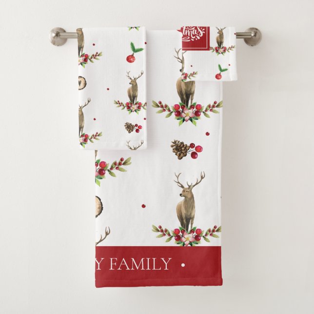 Christmas Deer Idyll Watercolor Bath Towel Set (Insitu)
