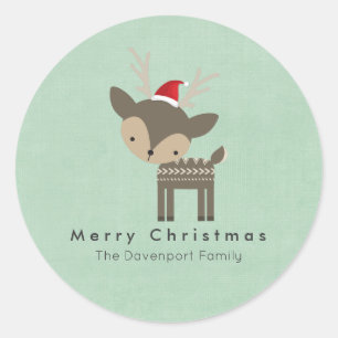 Christmas Deer In A Red Santa Hat Custom Hipster Classic Round Sticker