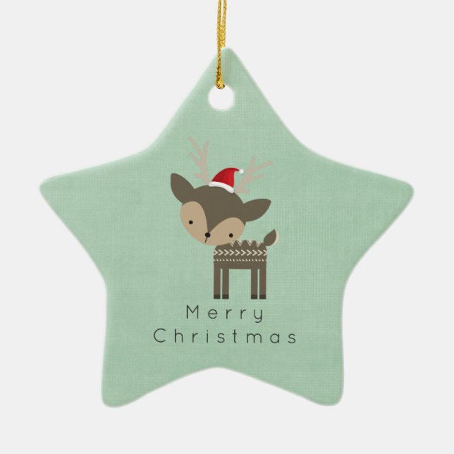 Christmas Deer In A Red Santa Hat Retro Hipster Ceramic Ornament (Front)