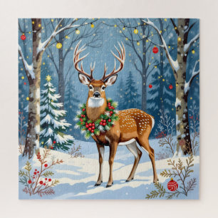 Christmas Deer in Festive Winter Forest  Jigsaw Puzzle