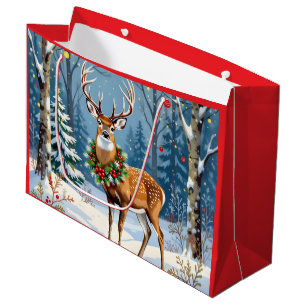 Christmas Deer in Festive Winter Forest  Large Gift Bag