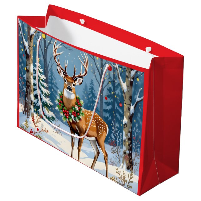 Christmas Deer in Festive Winter Forest  Large Gift Bag (Front Angled)