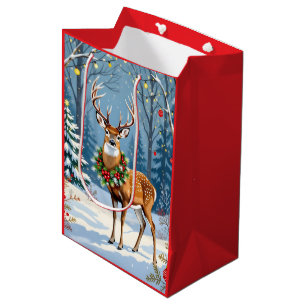 Christmas Deer in Festive Winter Forest  Medium Gift Bag