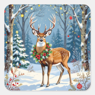 Christmas Deer in Festive Winter Forest  Square Sticker
