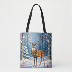 Christmas Deer in Festive Winter Forest  Tote Bag