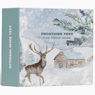 Christmas deer in snowy wood with cabin binder