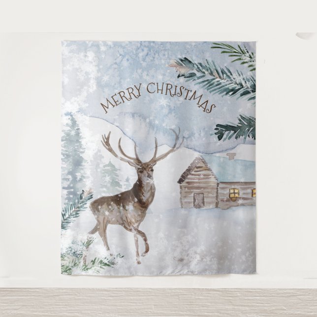 Christmas deer in snowy woods tapestry (Front)