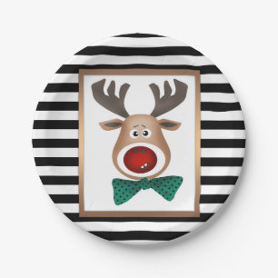 Christmas deer moose card striped black white cele paper plate