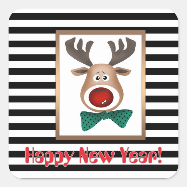 Christmas deer moose card striped black white cele square sticker (Front)